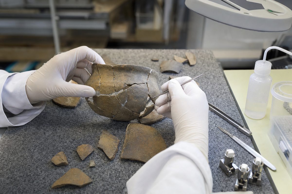 Restaurator reasamblează un vas ceramic arheologic pe masa de lucru din laboratorul de conservare